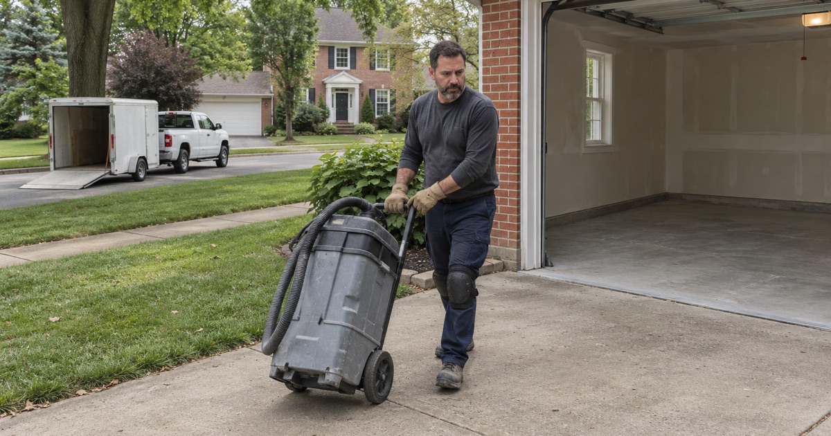 A floor crew member wheeling a dust extractor up an Elmhurst driveway to start a garage floor job.
