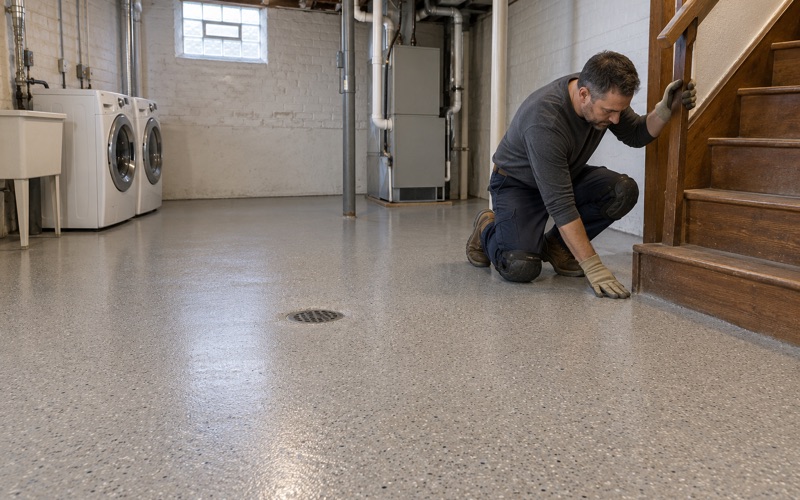 A finished warm gray epoxy basement floor in an Elmhurst brick bungalow, coated around the floor drain and to the foot of the stair.