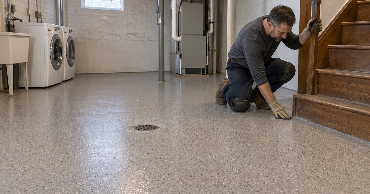 A finished warm gray epoxy basement floor in an Elmhurst brick bungalow, coated around the floor drain and to the foot of the stair.