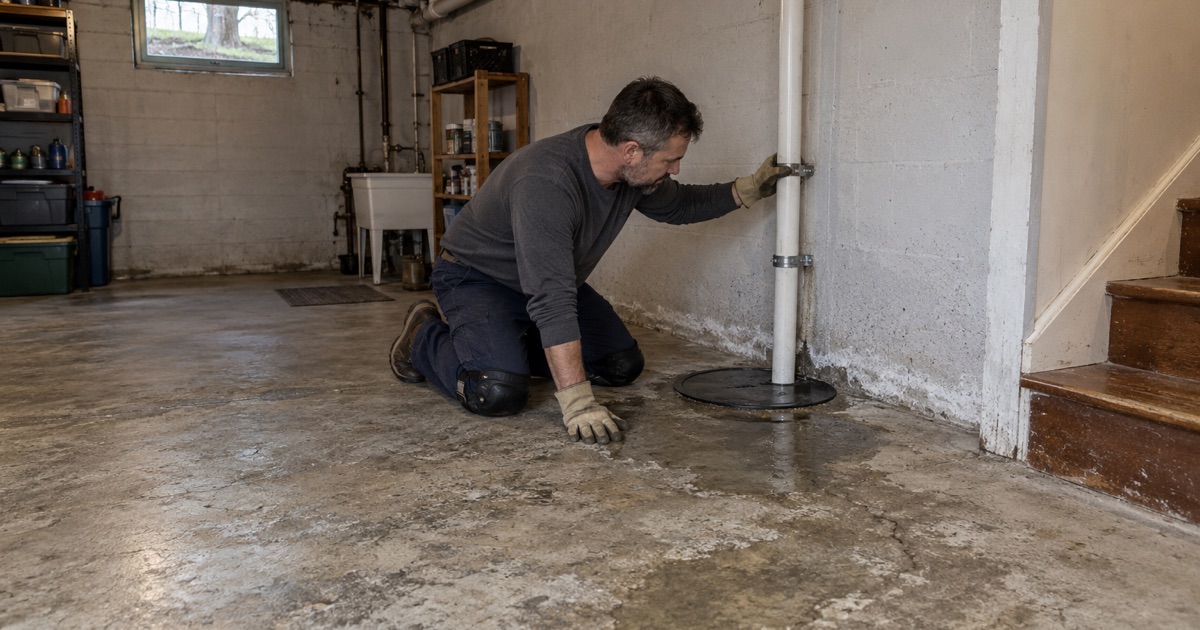 The sealed ejector basin of an overhead sewer in an Elmhurst basement, a damp patch and efflorescence read on the bare slab nearby.