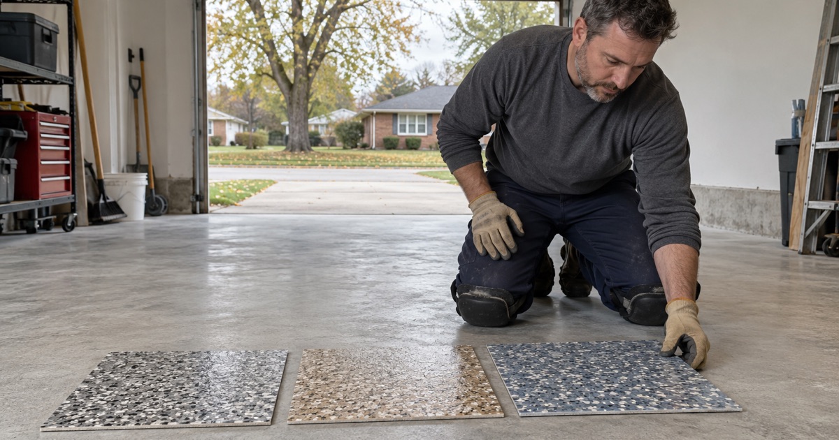 Three flake blend sample boards laid flat on a ground garage slab in Elmhurst so the colors can be compared in the room’s own light.