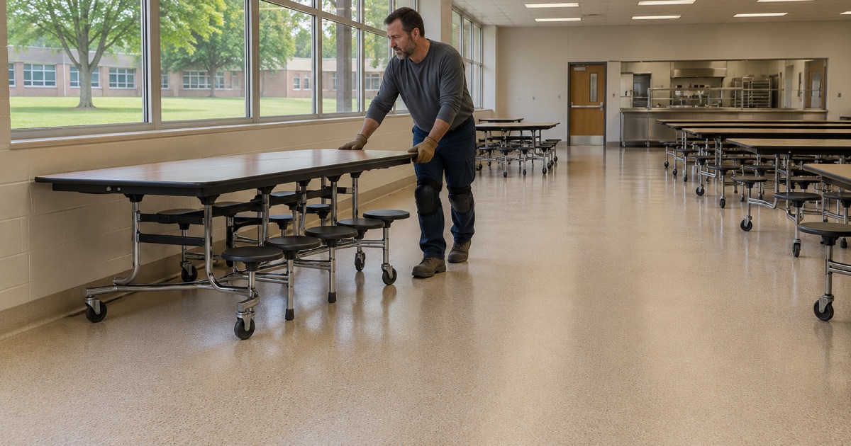 A seamless resin floor in an Elmhurst school cafeteria being set back up after a summer coating job.