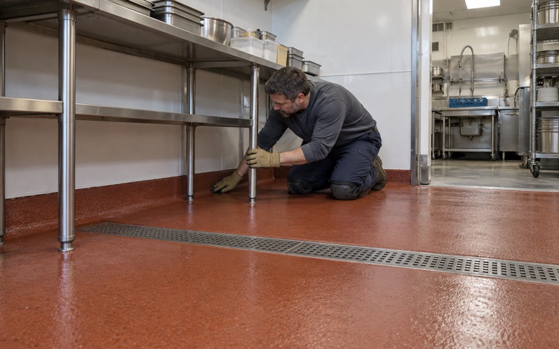 A slip-resistant urethane cement floor with a 3/8-inch cove under the prep tables of a downtown Elmhurst restaurant kitchen.