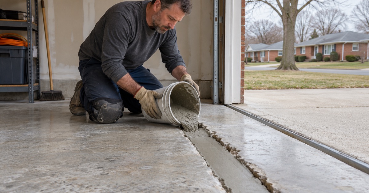 A spalled control joint at an Elmhurst garage door being filled flush with repair mortar before the floor is coated.