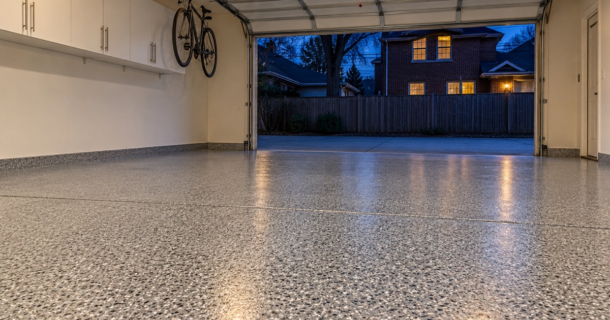 An empty, finished gray and white flake floor in an Elmhurst bungalow’s detached garage at dusk, the overhead door raised to the alley.