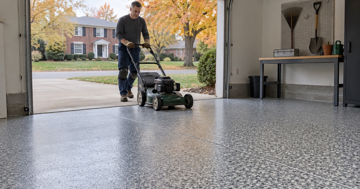 A finished gray, white and charcoal flake floor in the attached garage of a 1950s Elmhurst brick ranch, a lawn mower being wheeled back inside.