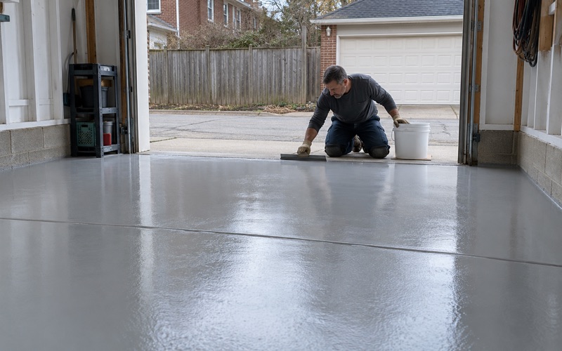 An epoxy base coat being cut in along the overhead door threshold of an Elmhurst brick bungalow's detached garage.