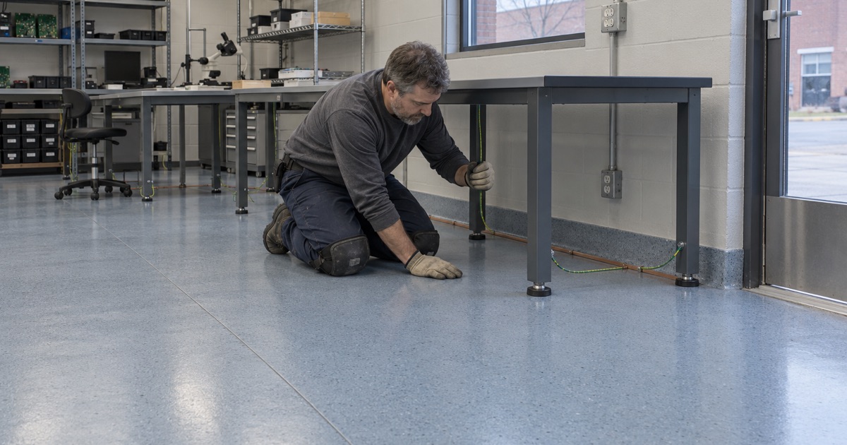 A static-dissipative floor under electronics assembly benches in a one-story industrial building in north Elmhurst.