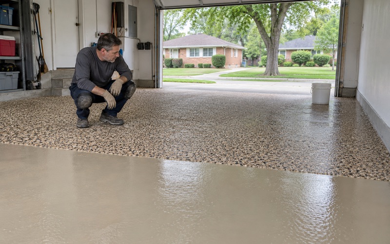 A dense tan, brown and black flake broadcast settled across an Elmhurst garage floor, the base coat still showing at the working edge.