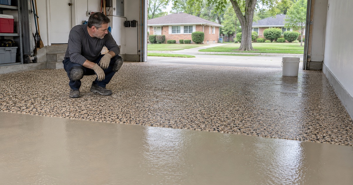 A dense tan, brown and black flake broadcast settled across an Elmhurst garage floor, the base coat still showing at the working edge.