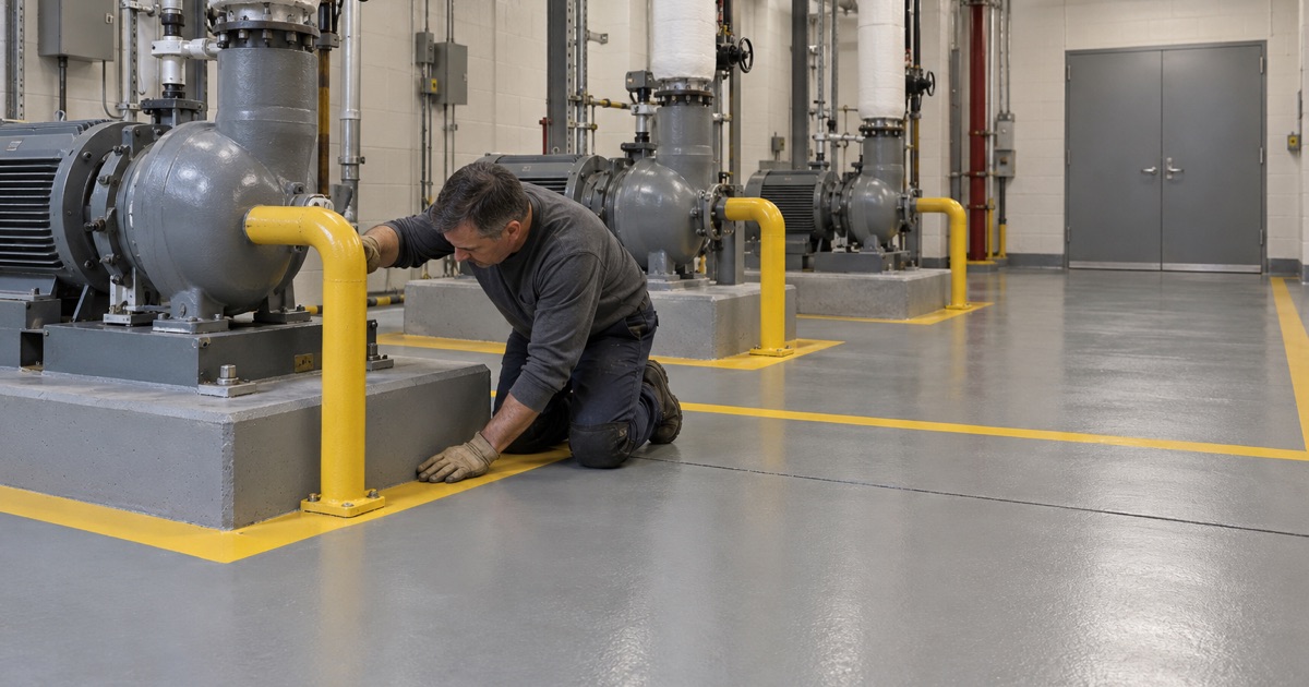 A coated mechanical room floor in an Elmhurst hospital building, yellow keep-clear borders around pumps on their own concrete pads.