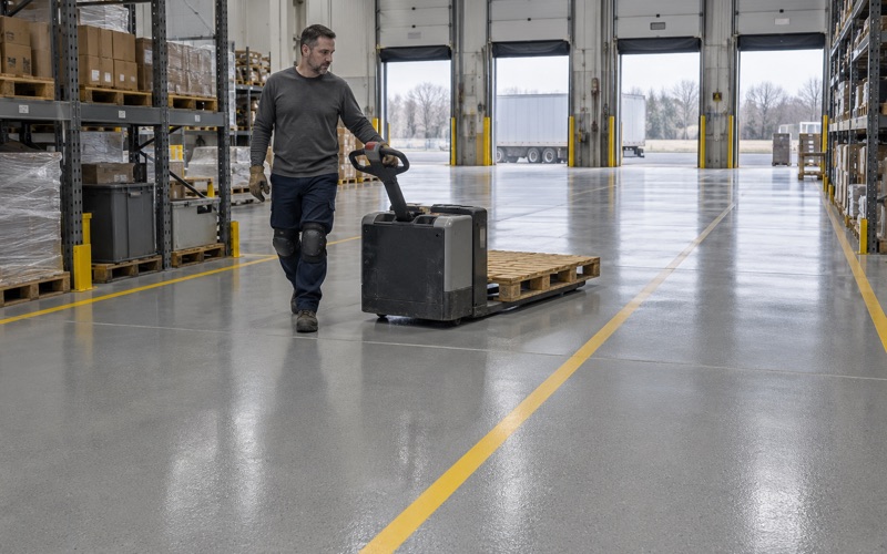 A heavy-build epoxy floor with yellow aisle lines in a north Elmhurst distribution warehouse, a pallet jack crossing it.
