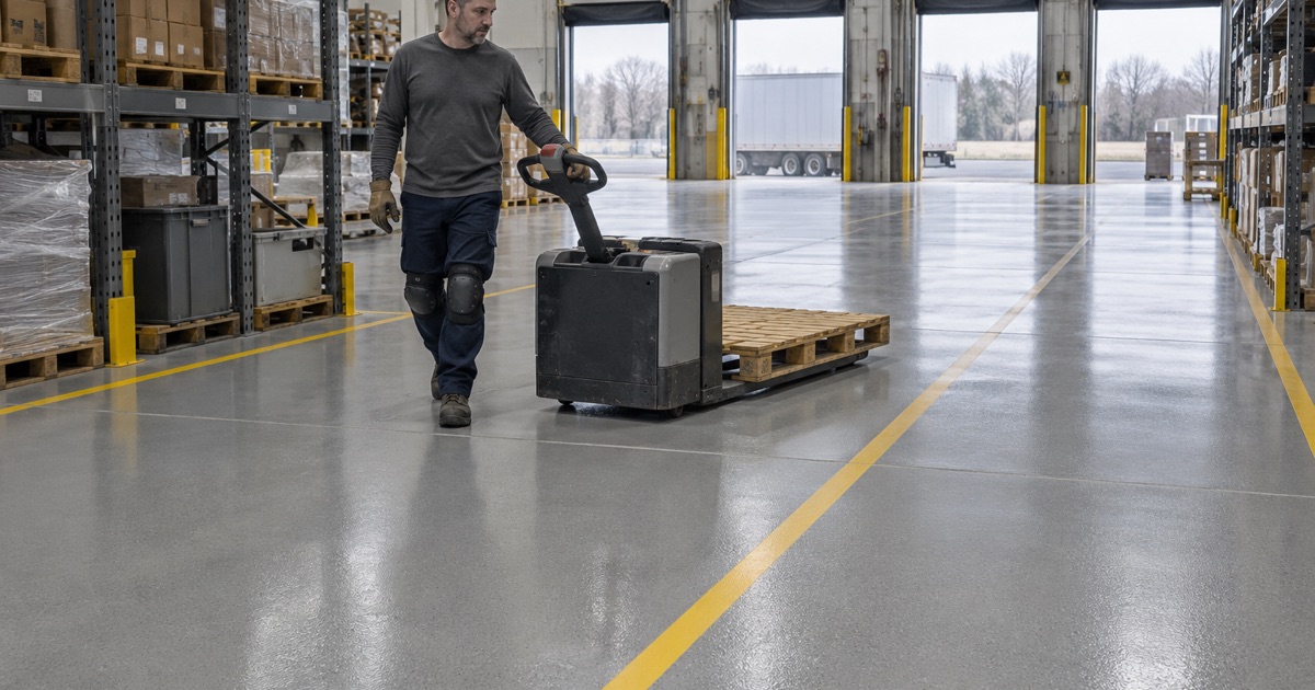 A heavy-build epoxy floor with yellow aisle lines in a north Elmhurst distribution warehouse, a pallet jack crossing it.