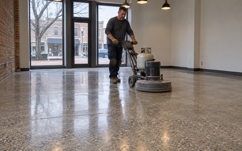 A burnished polished concrete floor in an emptied downtown Elmhurst storefront near the commuter rail station.