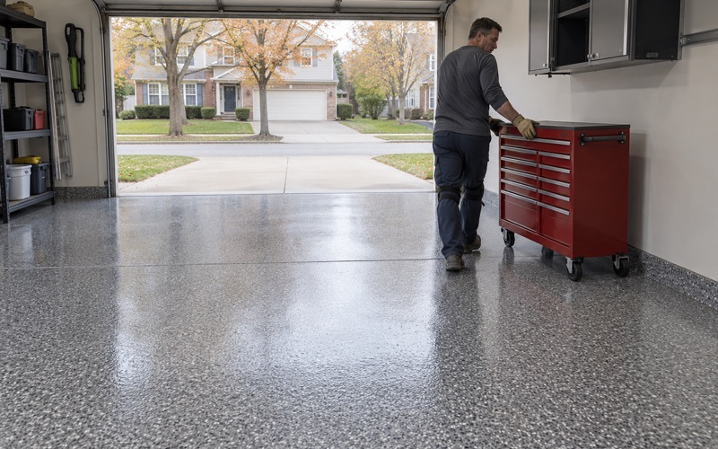 A rolling tool chest wheeled back onto a same-day polyaspartic flake floor in an Elmhurst two-story's attached garage.