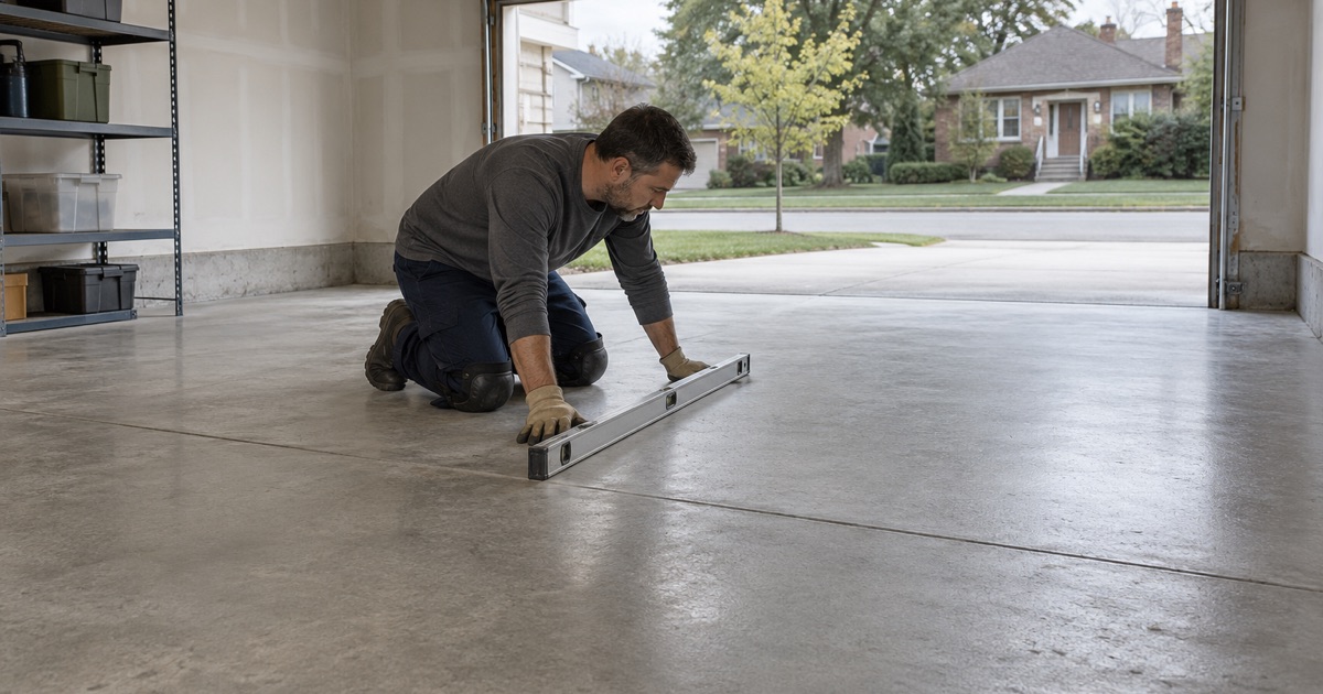 The fall of an Elmhurst garage slab read toward the overhead door with a long level before the floor is ground and coated.